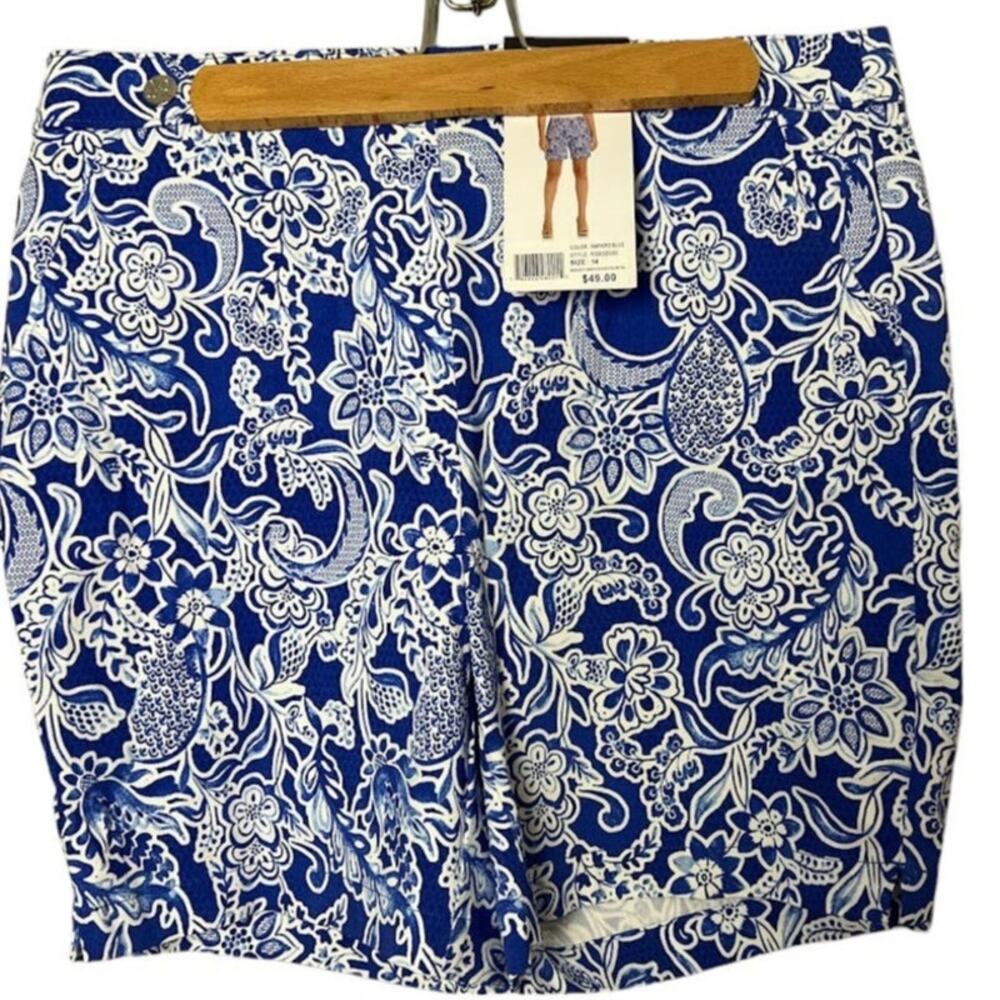 RAFAELLA Blue & White Floral Print Comfort Bermuda Shorts / Size 14